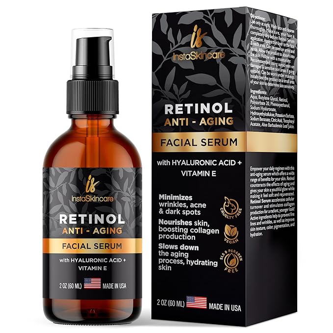 Retinol Serum for Face with Hyaluronic Acid + Vitamin E and A + Aloe Vera Anti-Aging Serum Pore Tightener Fade Dark Spots Clinical Strength Formula